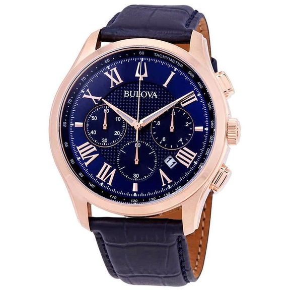Bulova Wilton Uomo - Orologio Cronografo In Acciaio Oro Rosa, Cinturino Pelle, Vetro Minerale Bombato, 97B170